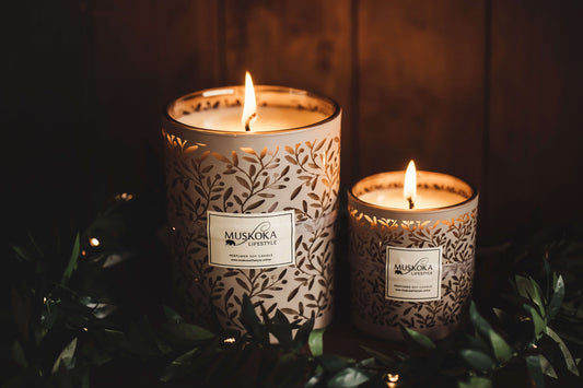 Gorgeous French Pear with Brandy fragranced candles - Matte Taupe vessels with etched Olive leaf patterns on the outside and metallic bronze inners. In both Small 200ml and Large 600ml vessels. Both have our beautiful and much-loved fragrance “Le Poire du Muskoka ”.
