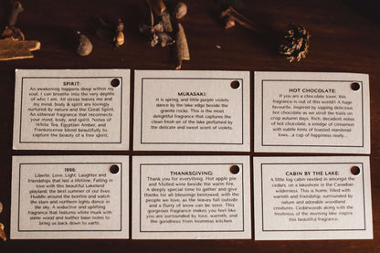 Our Muskoka Lifestyle North American Storyboard side by side: Murasaki, Spirit, Cabin by the Lake, 1996, Thanksgiving, and Hot Chocolate. We believe that the love we put into making these beautiful candles will be received by the person burning them.